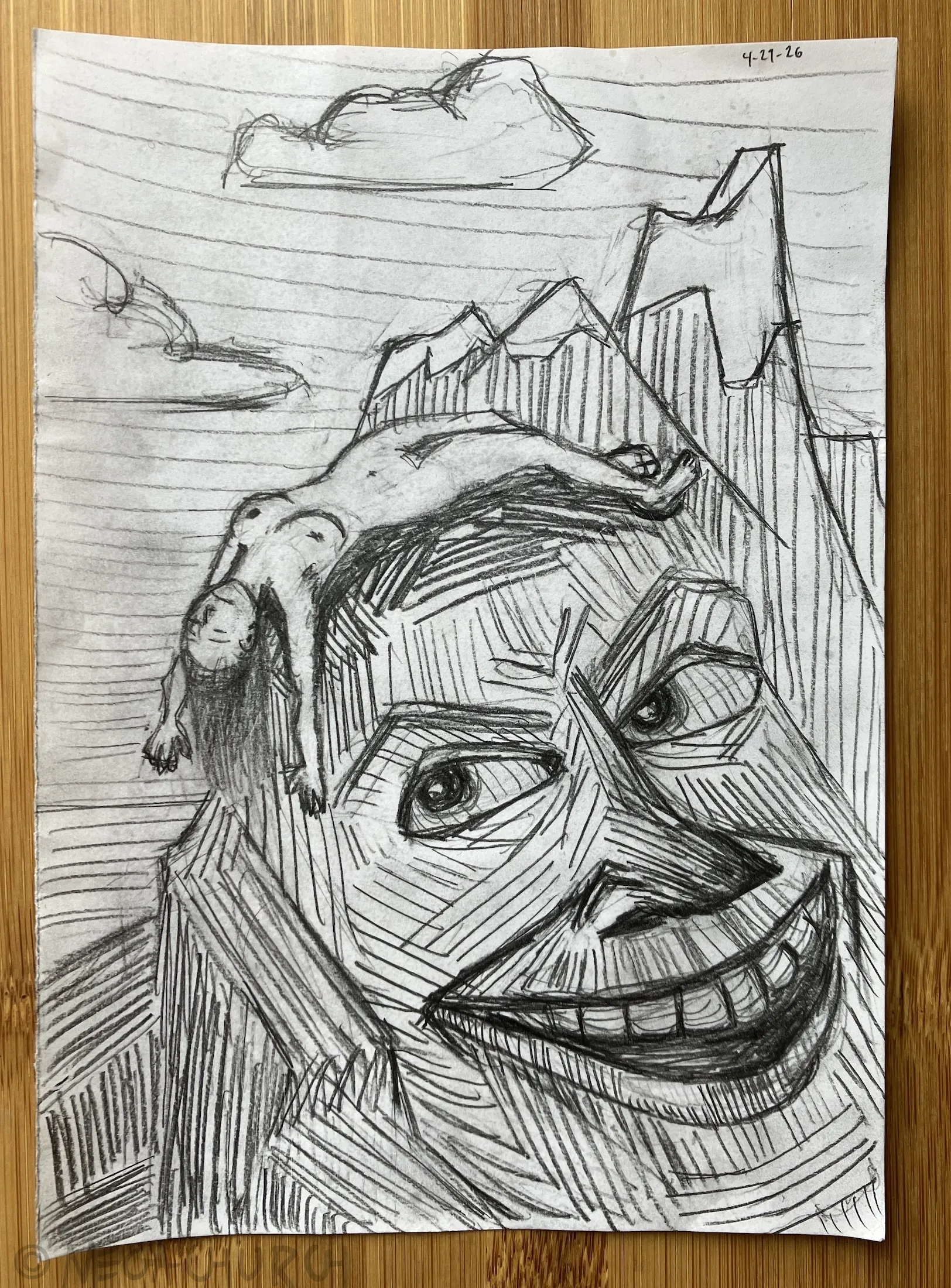 A graphite on white paper sketch of initial concept art for the Apine Divorce print.