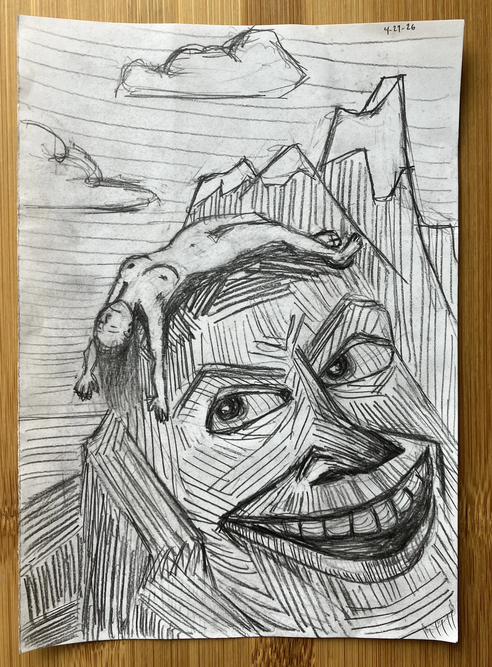 A graphite on white paper sketch of initial concept art for the Apine Divorce print.