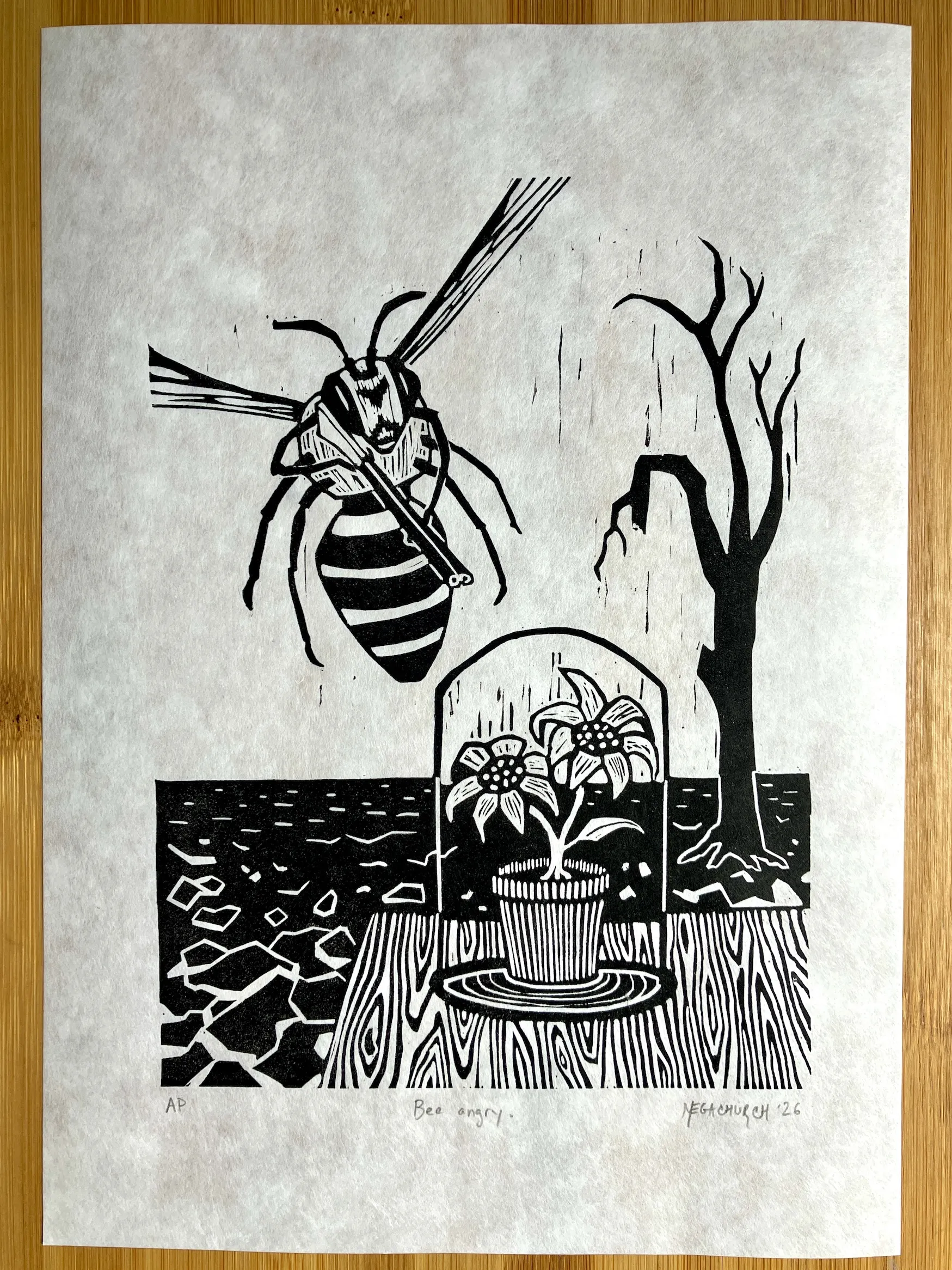 A relief print of a bee with a shotgun hovering near a flower under a bell-jar. Behind the bee is a dead tree in a barren landscape.