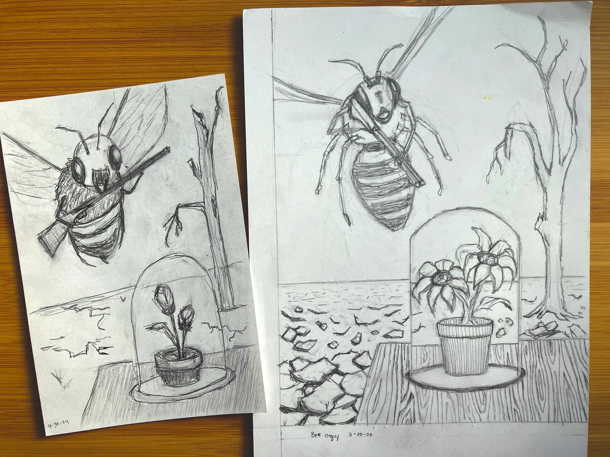 Two graphite on white paper sketches of initial concept art for the Bee Angry print.