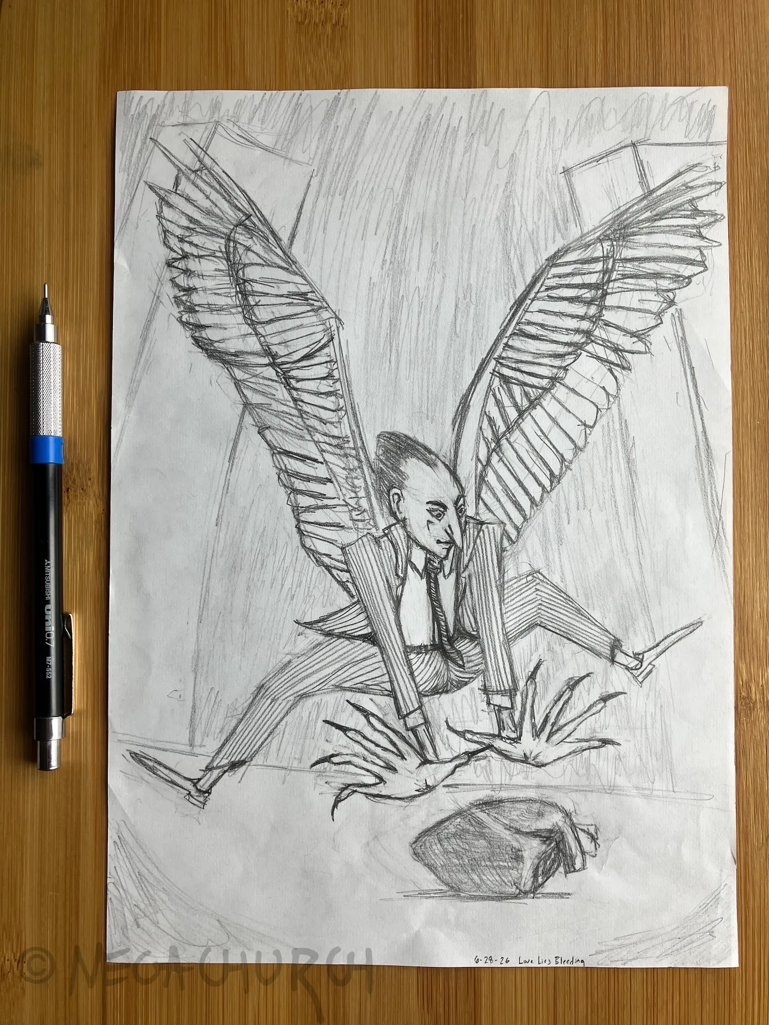 Two graphite on white paper sketches of initial concept art for the Bird of Prey print.