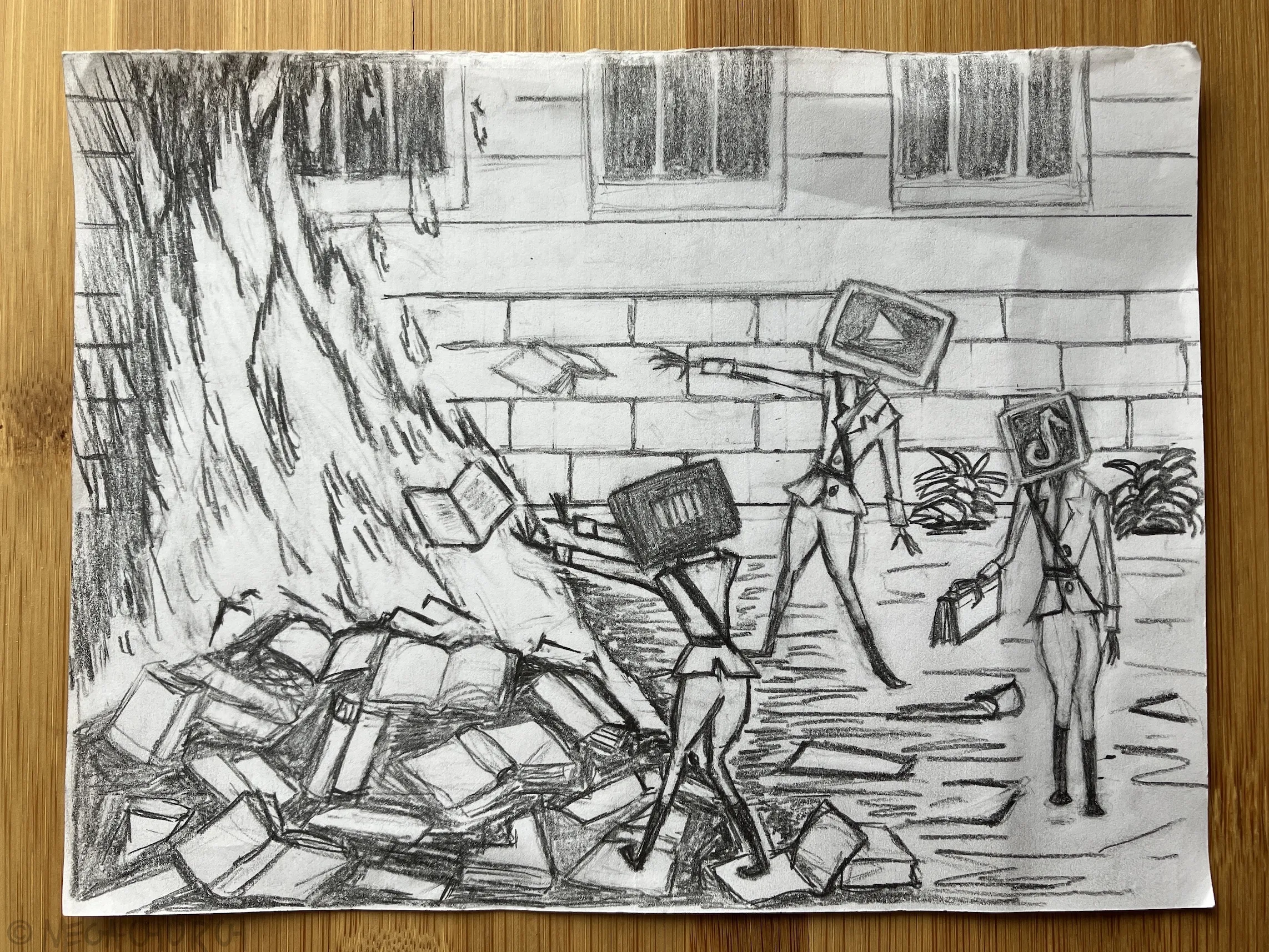 Two graphite on white paper sketches of initial concept art for the The End of Literacy print.