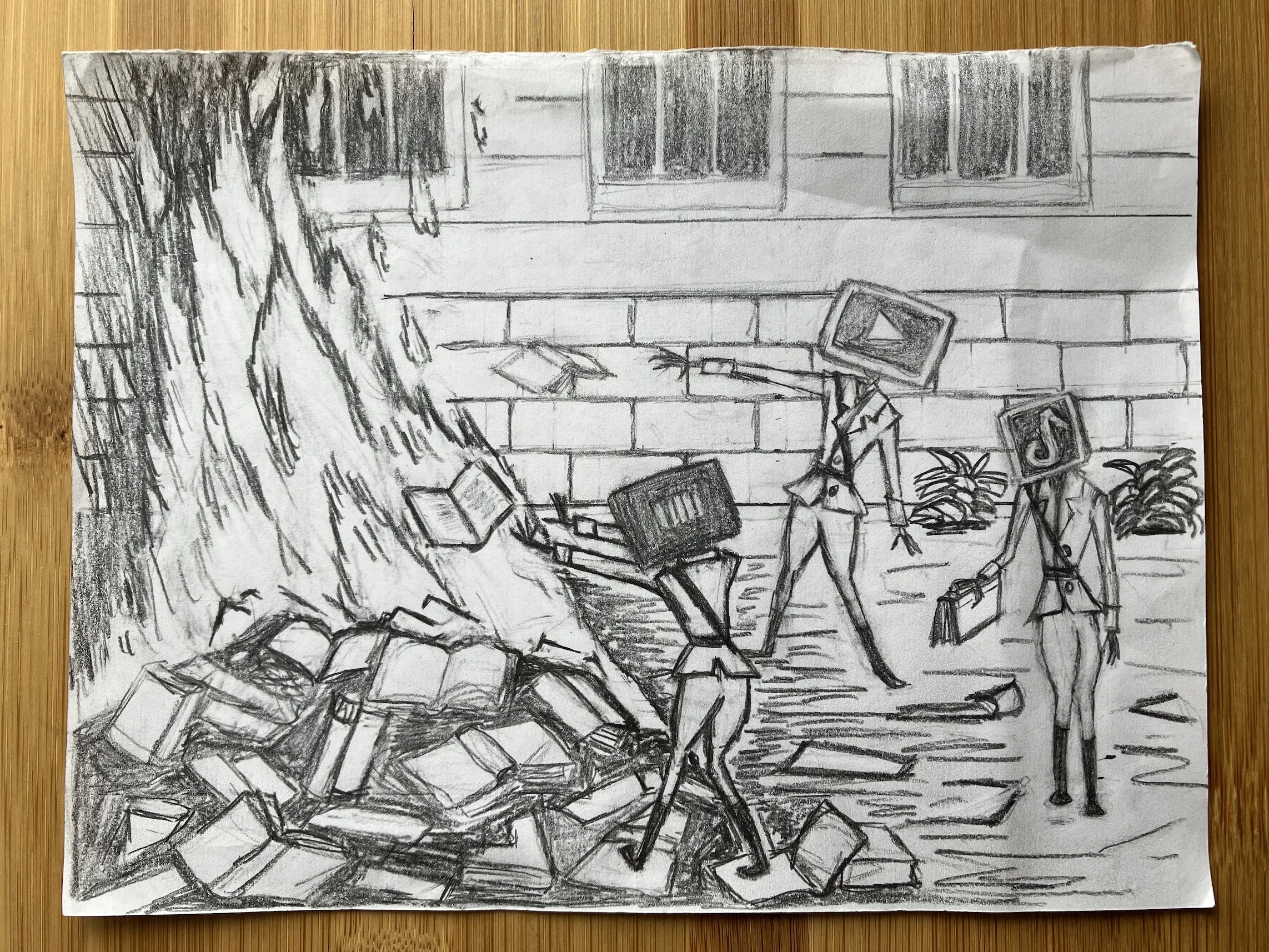 Two graphite on white paper sketches of initial concept art for the The End of Literacy print.