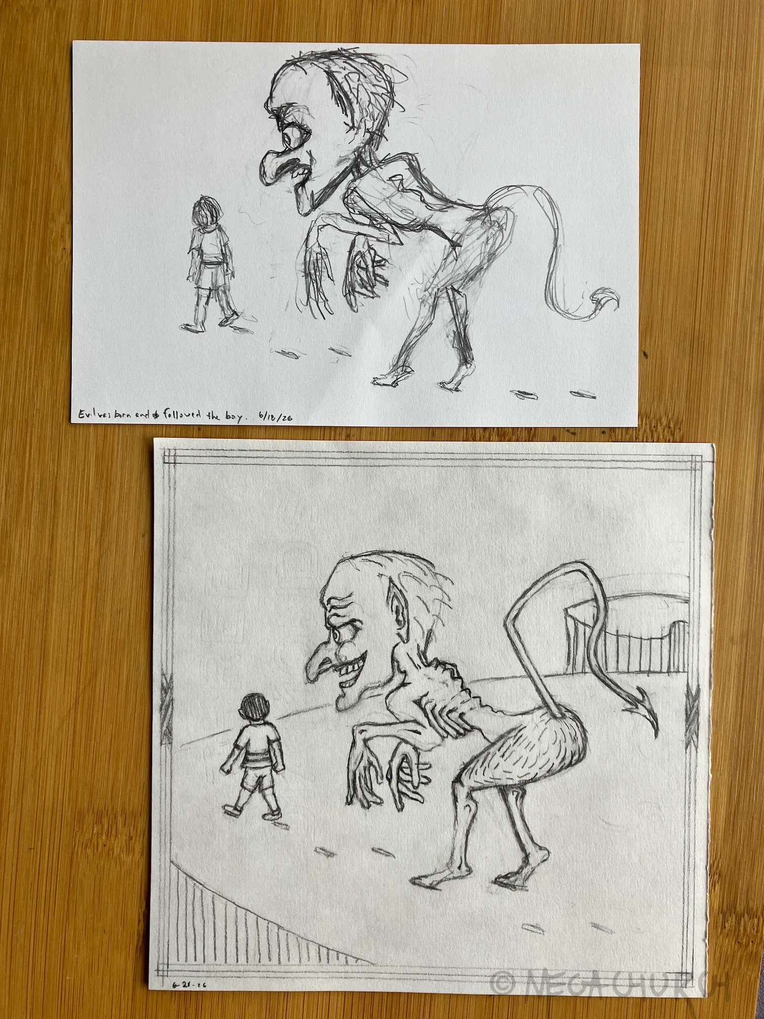 Two graphite on white paper sketches of initial concept art for the Evil Follows print.