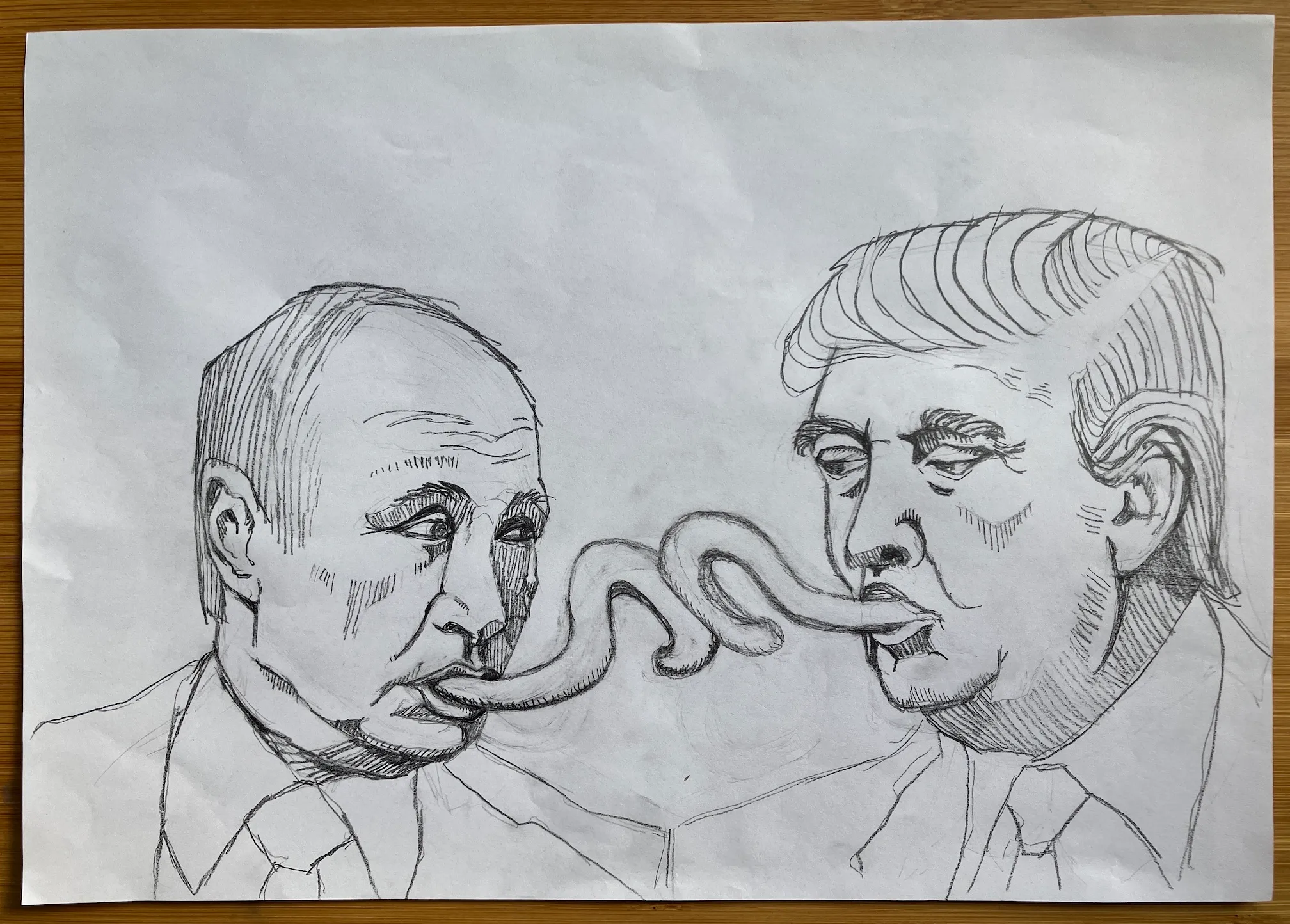 A graphite on white paper sketch of the initial concept for the Trump-Putin Kissy Kiss image.