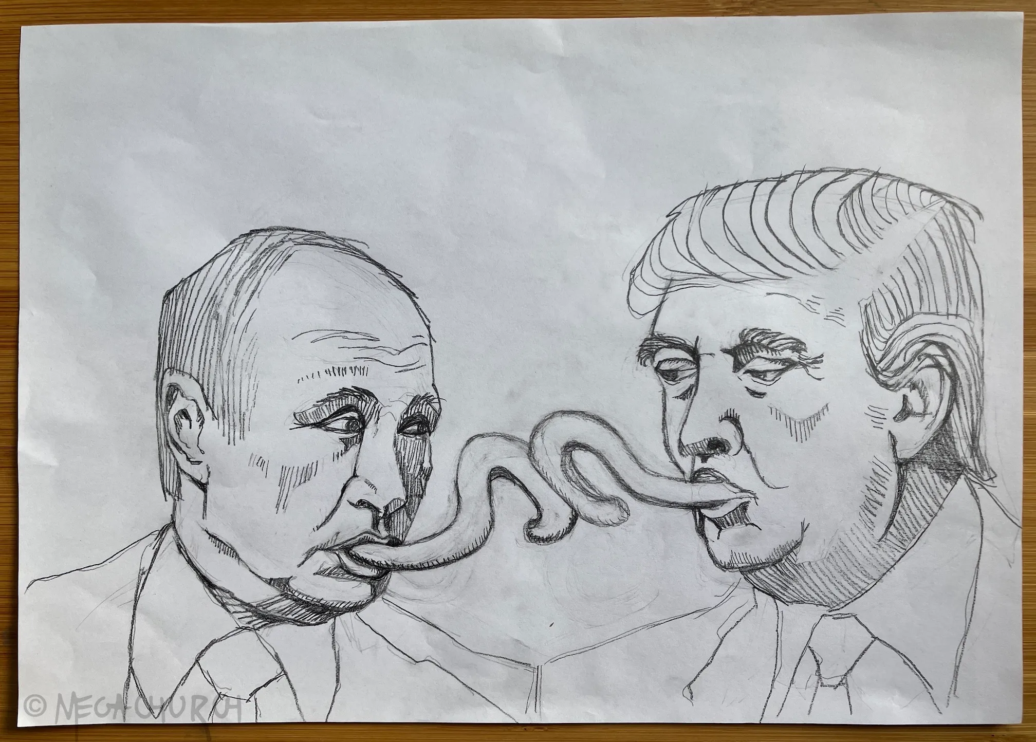 A graphite on white paper sketch of the initial concept for the Trump-Putin Kissy Kiss image.