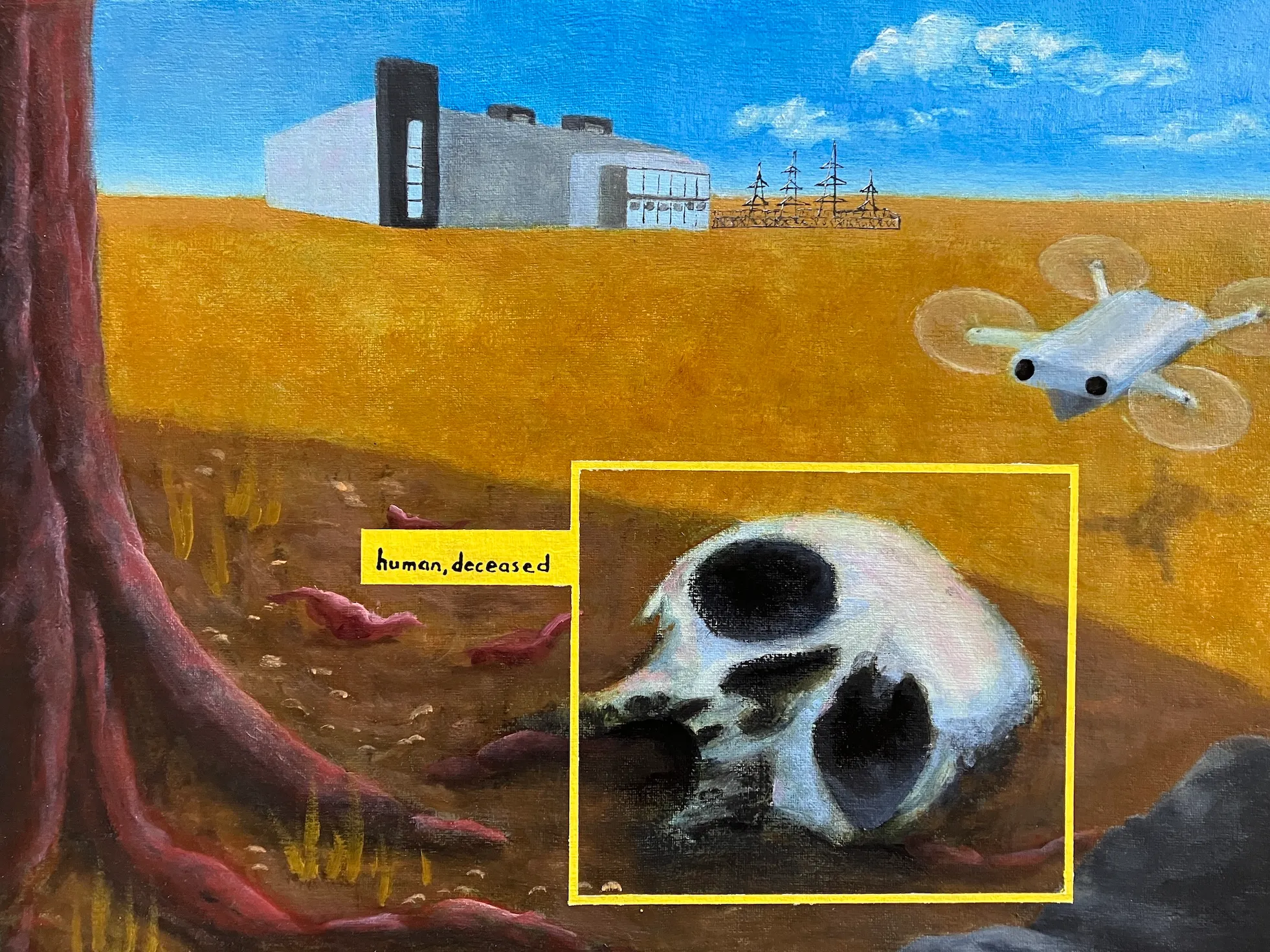 An oil painting of a plains-like landscape. A human skull rests in the foreground. Around it is a yellow box indicative of AI visual recognition marker, taggin the skull as "human, deceased." The skull appears to be observed by a nearby drone. In the background of the landscape sits a massive data center.