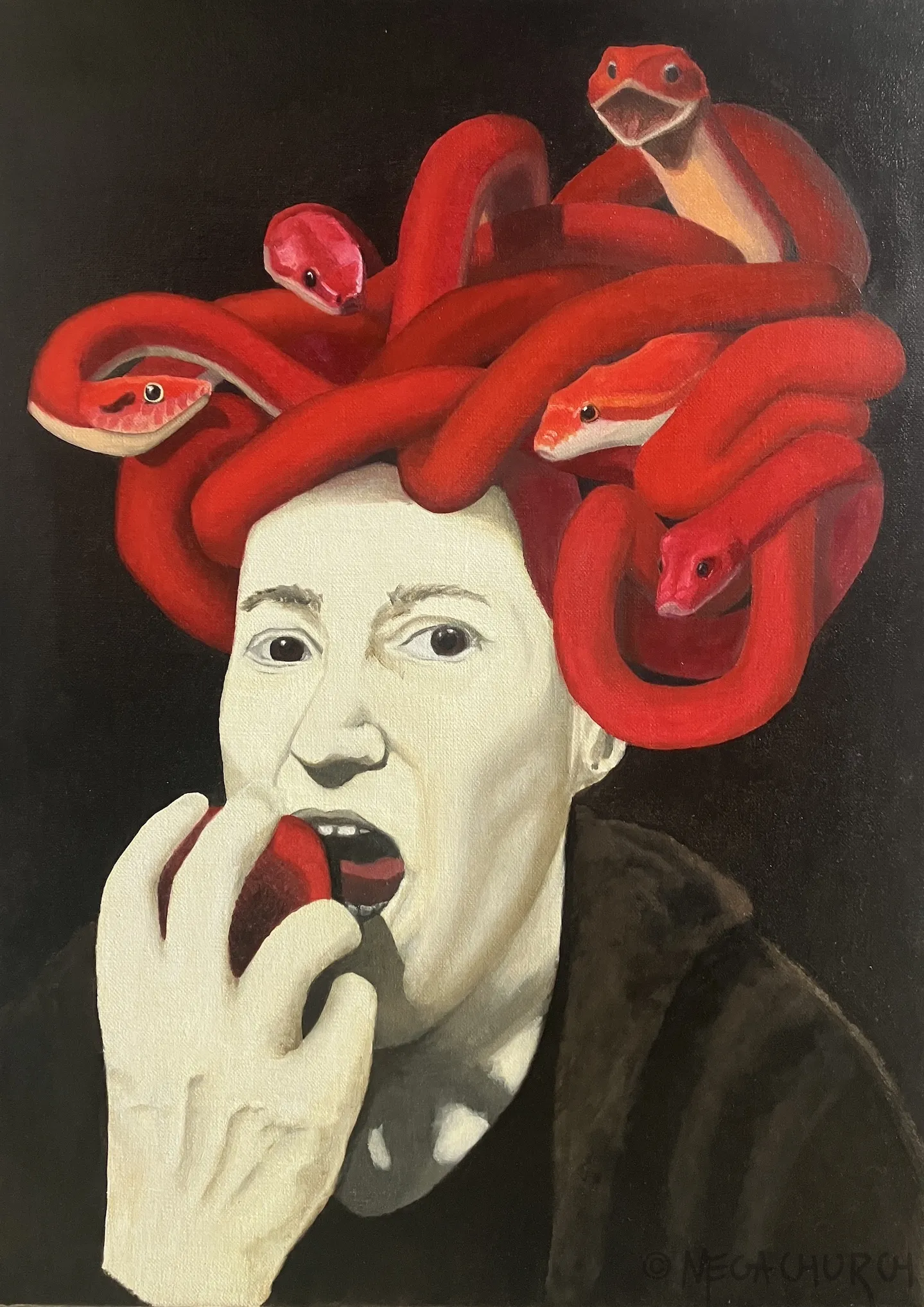 An oil painting of a pale, almost jaundiced looking woman with fiery red snakes for hair. She has her hand raised to her face, holding an apple. Her mouth is open to take a bite.