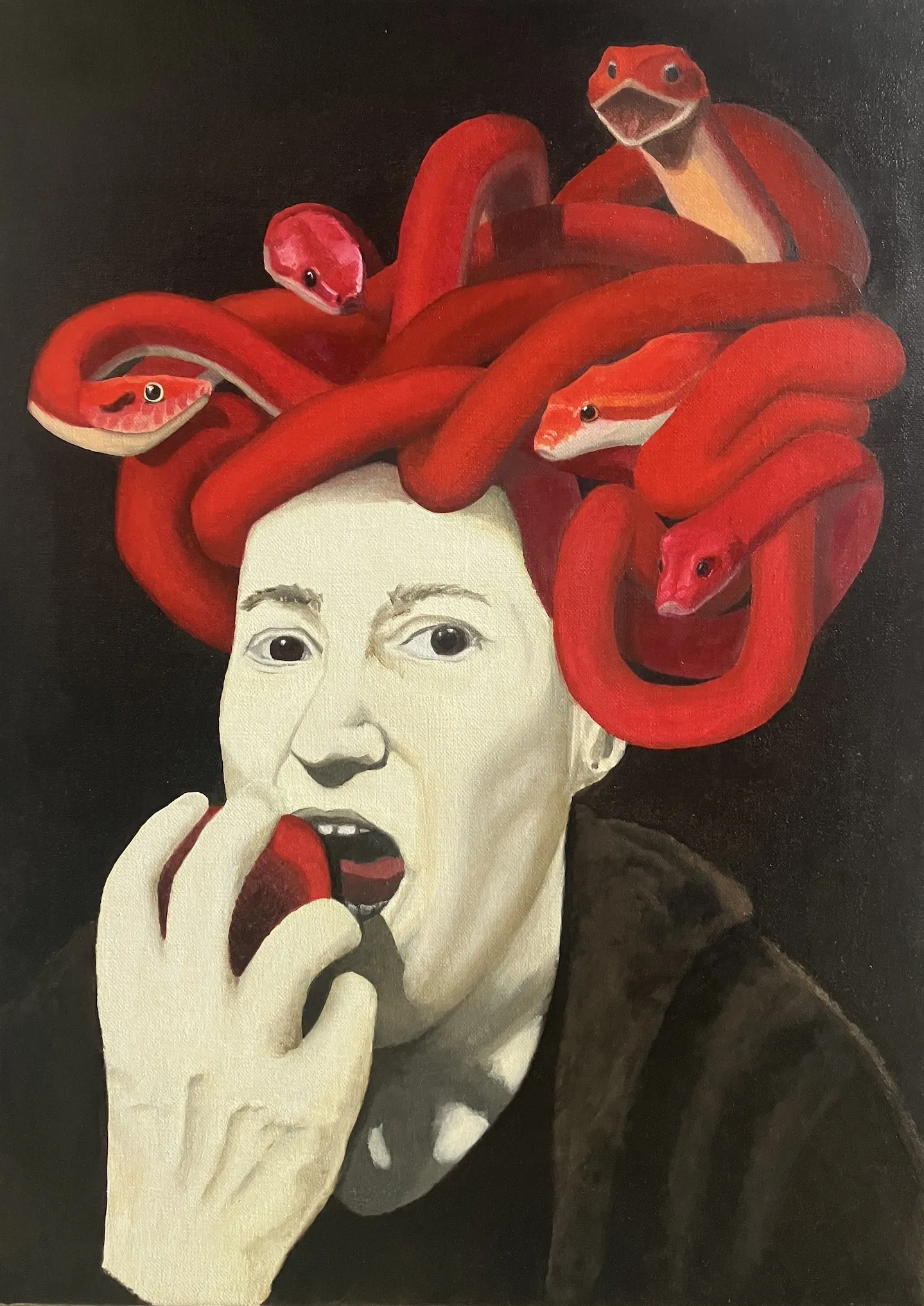 An oil painting of a pale, almost jaundiced looking woman with fiery red snakes for hair. She has her hand raised to her face, holding an apple. Her mouth is open to take a bite.