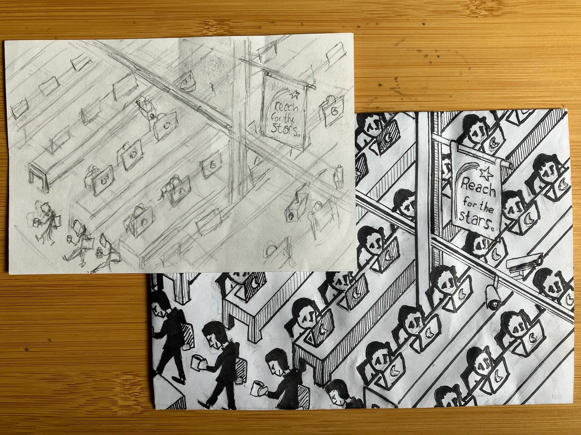 Two graphite-on-white-paper sketches of initial concept art for the "Your CEO makes 285 times more than you" print.